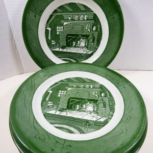 Vintage by Royal China Colonial Homestead green set of 6 dinner plates 10"